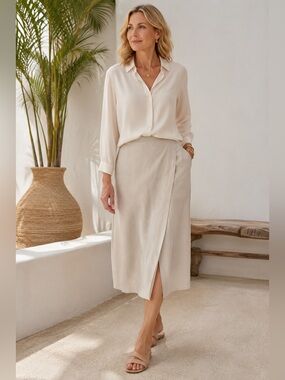 Eileen Fisher 100% Silk Wrap Front Midi Skirt Beige Size M NWOT